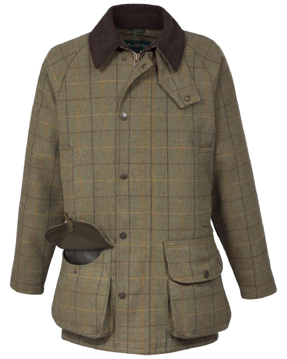 Dark Moss coloured Alan Paine Rutland Waterproof Tweed Shooting Coat on white background 