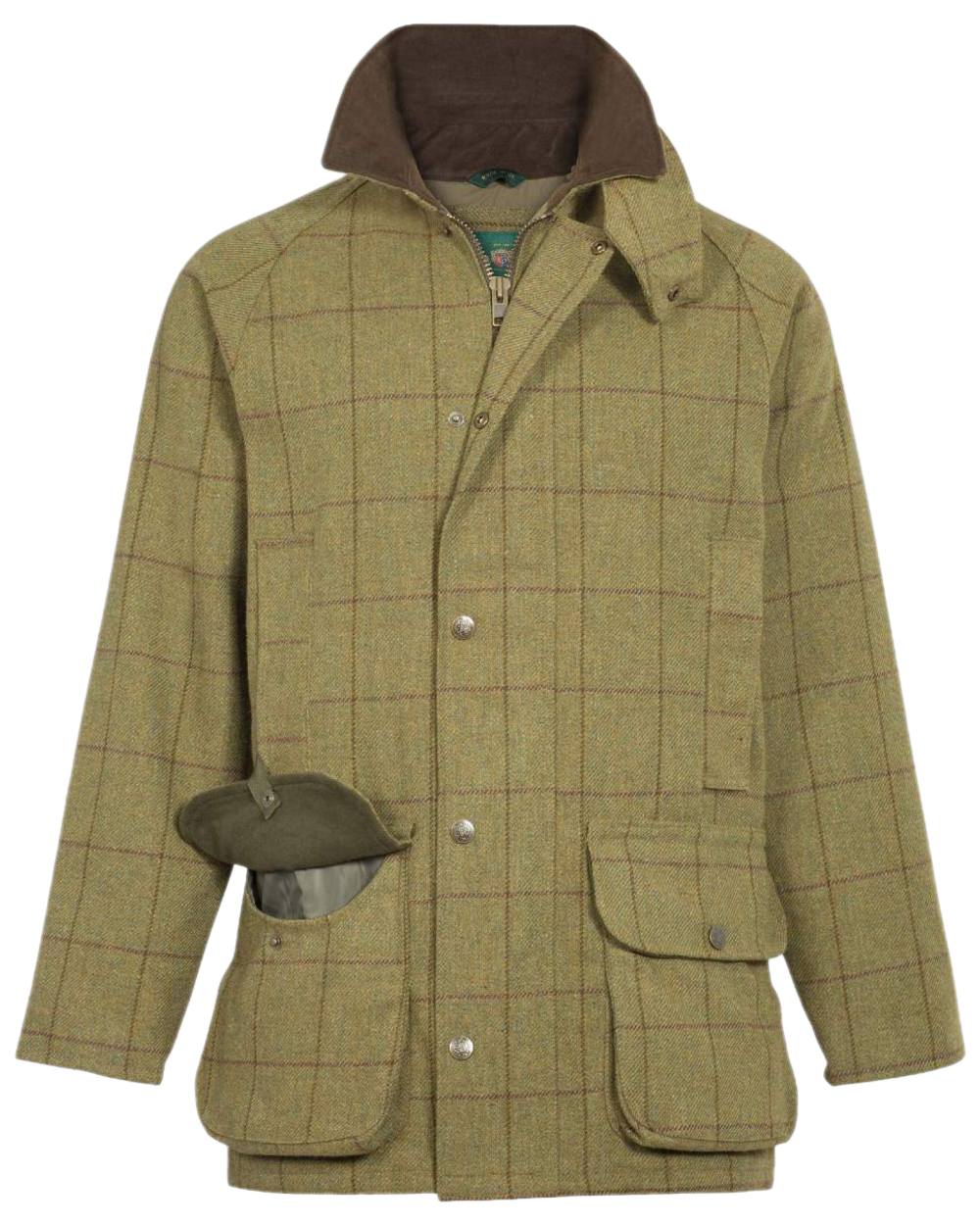 Lichen coloured Alan Paine Rutland Waterproof Tweed Shooting Coat on sky background 