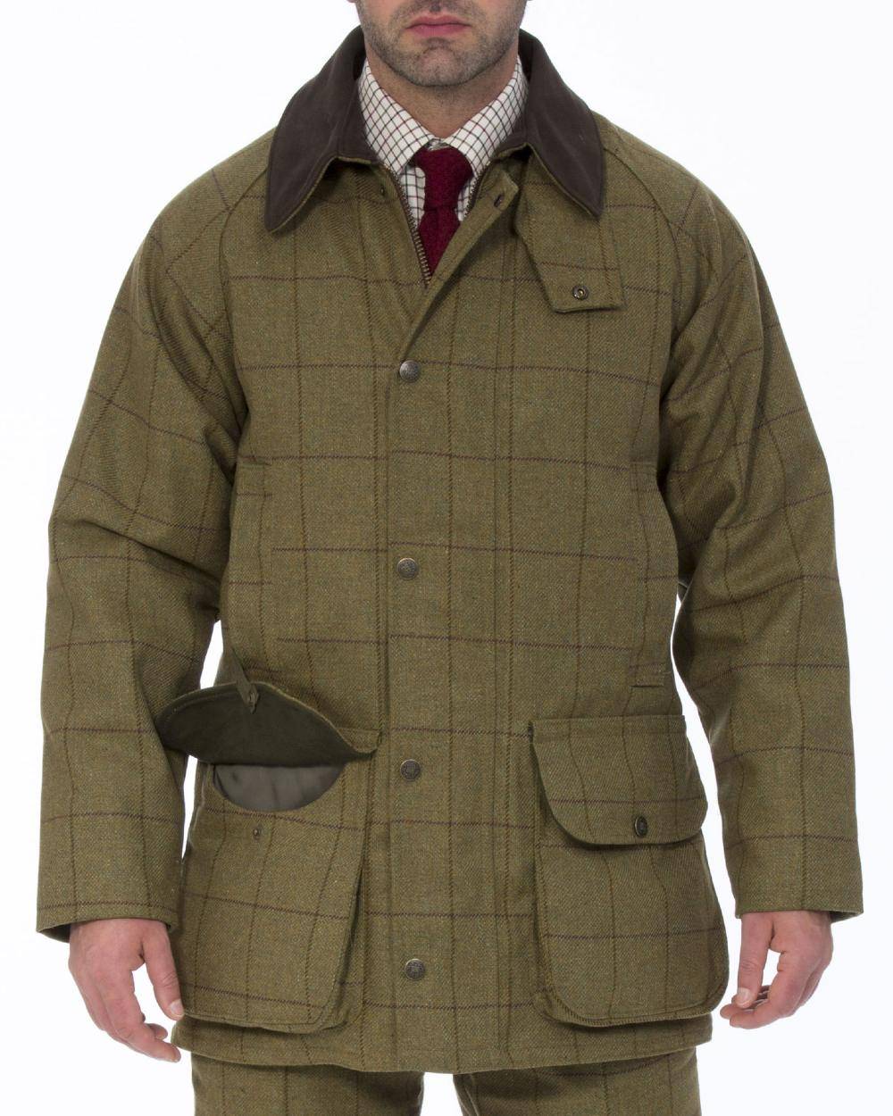 Lichen coloured Alan Paine Rutland Waterproof Tweed Shooting Coat on white background 