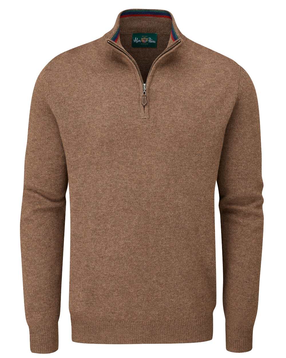 Tobacco coloured Alan Paine Streetly Half Zip Mock Neck Jumper on white background 