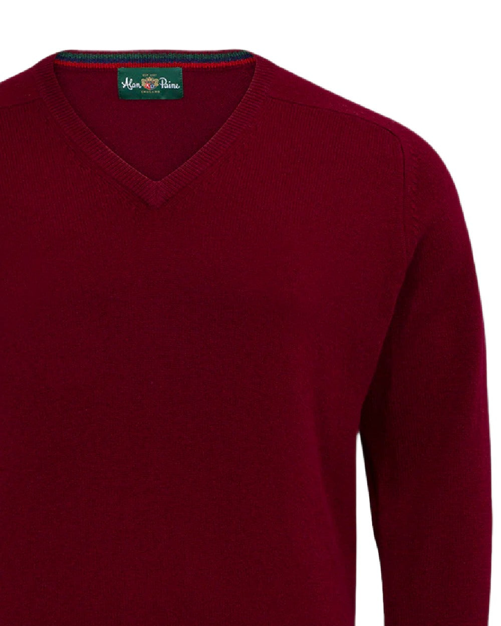 Bordeaux coloured Alan Paine Streetly Lambswool V Neck Jumper on white background 