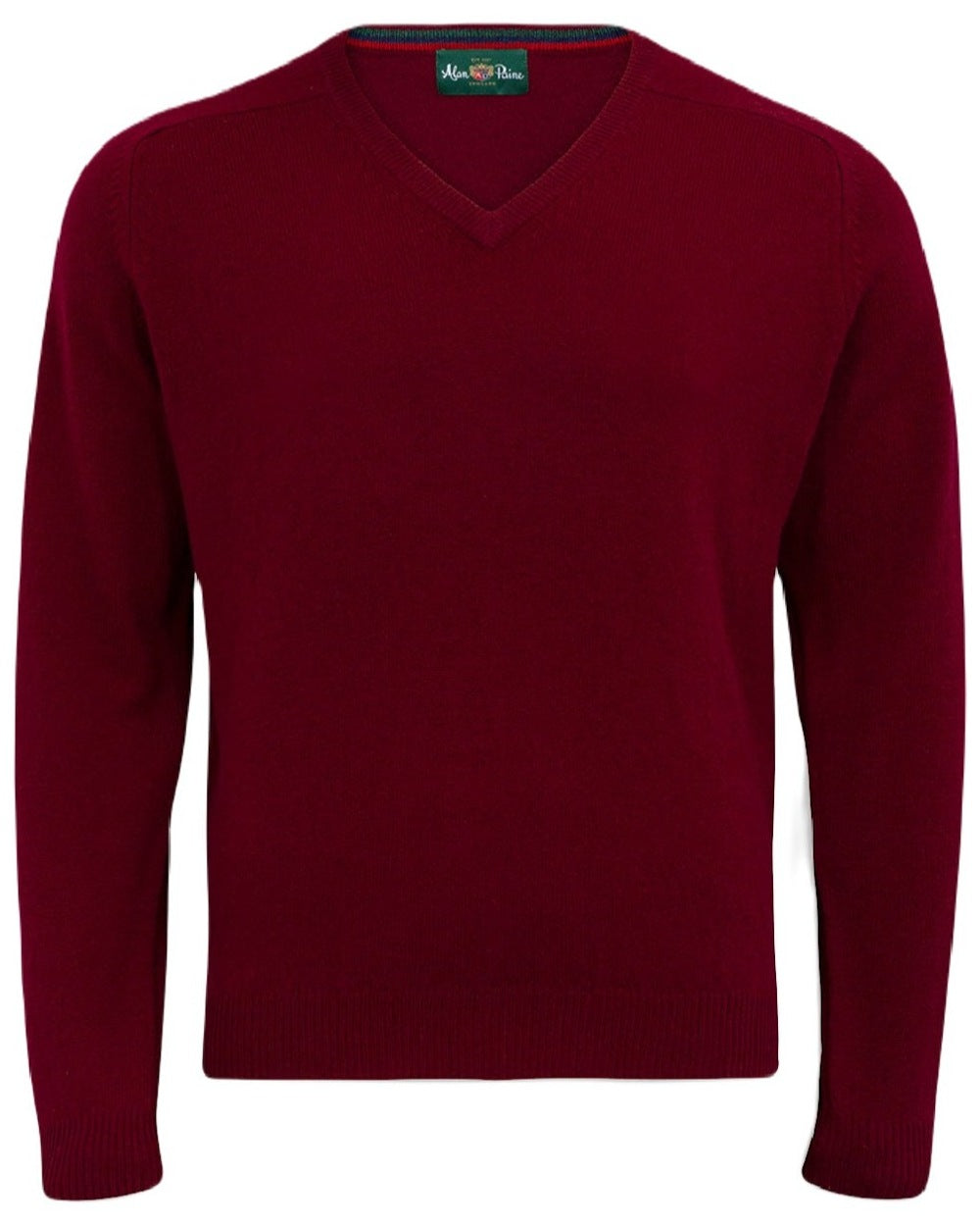 Bordeaux coloured Alan Paine Streetly Lambswool V Neck Jumper on white background 