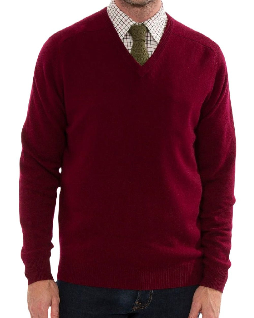 Bordeaux coloured Alan Paine Streetly Lambswool V Neck Jumper on white background 