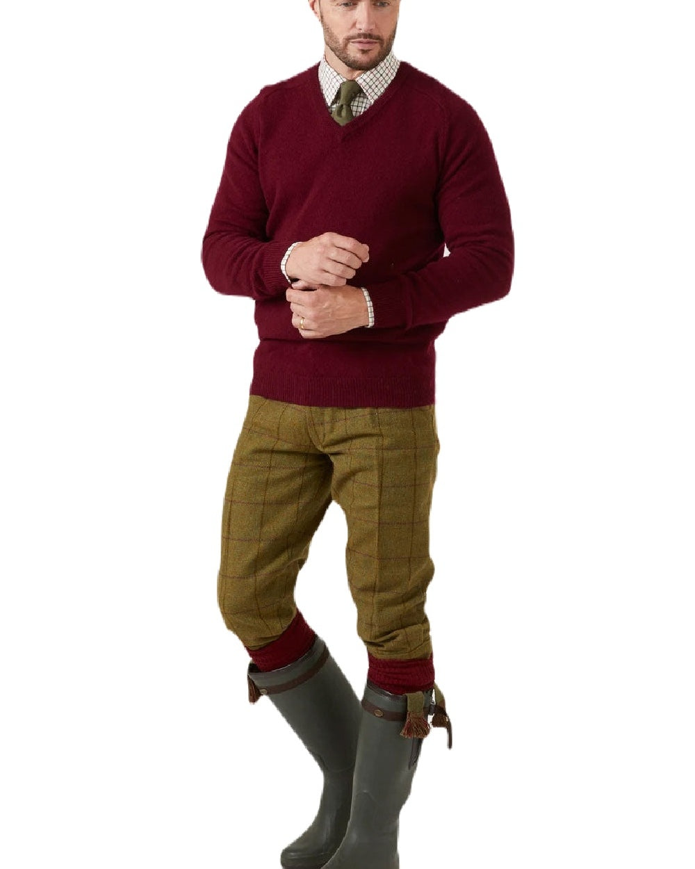 Bordeaux coloured Alan Paine Streetly Lambswool V Neck Jumper on white background 
