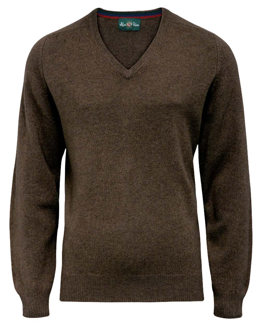 Cocoa coloured Alan Paine Streetly Lambswool V Neck Jumper on white background 