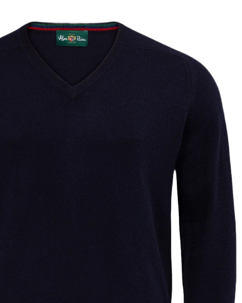 Navy coloured Alan Paine Streetly Lambswool V Neck Jumper on white background 