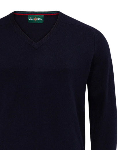 Navy coloured Alan Paine Streetly Lambswool V Neck Jumper on white background 
