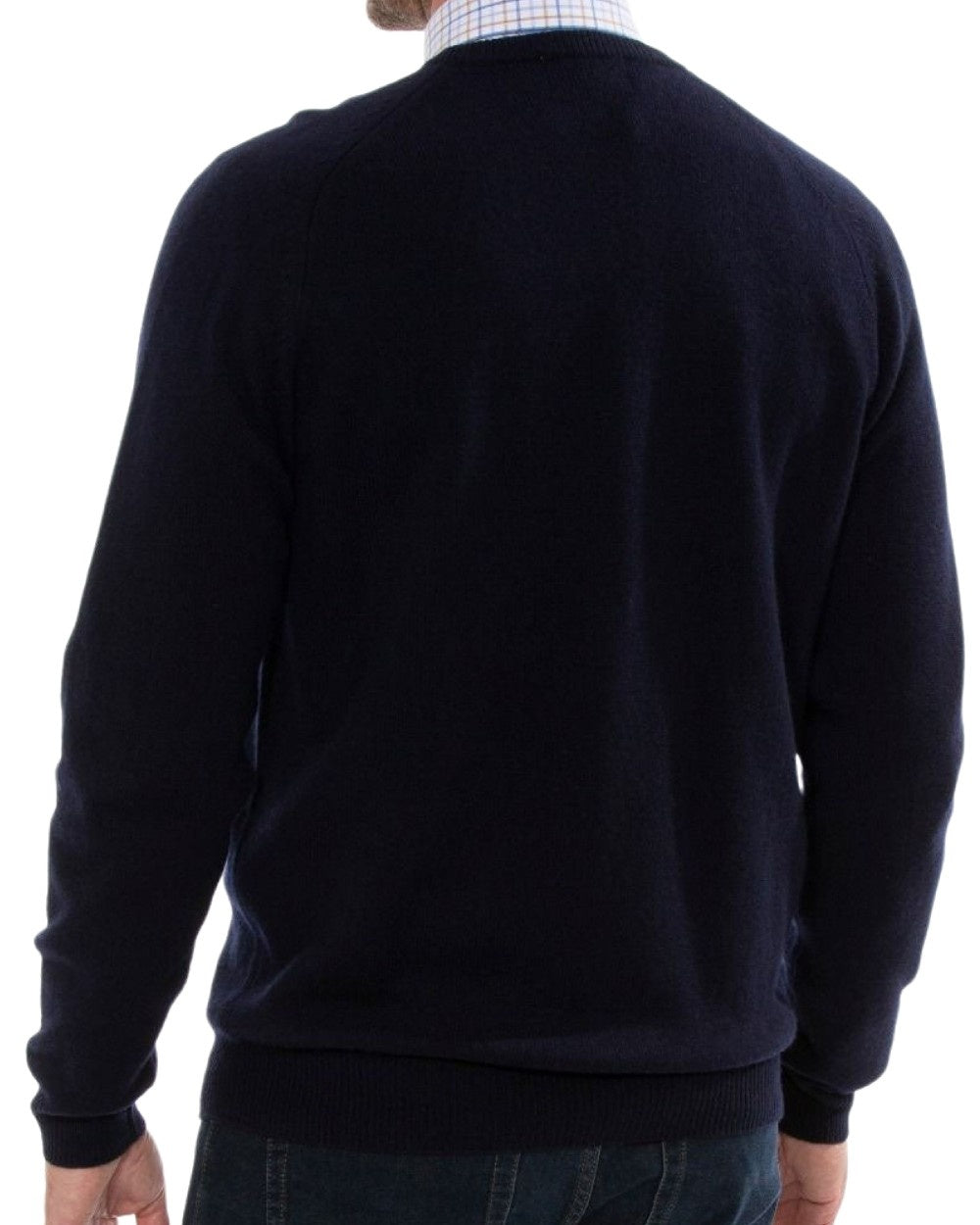 Navy coloured Alan Paine Streetly Lambswool V Neck Jumper on white background 