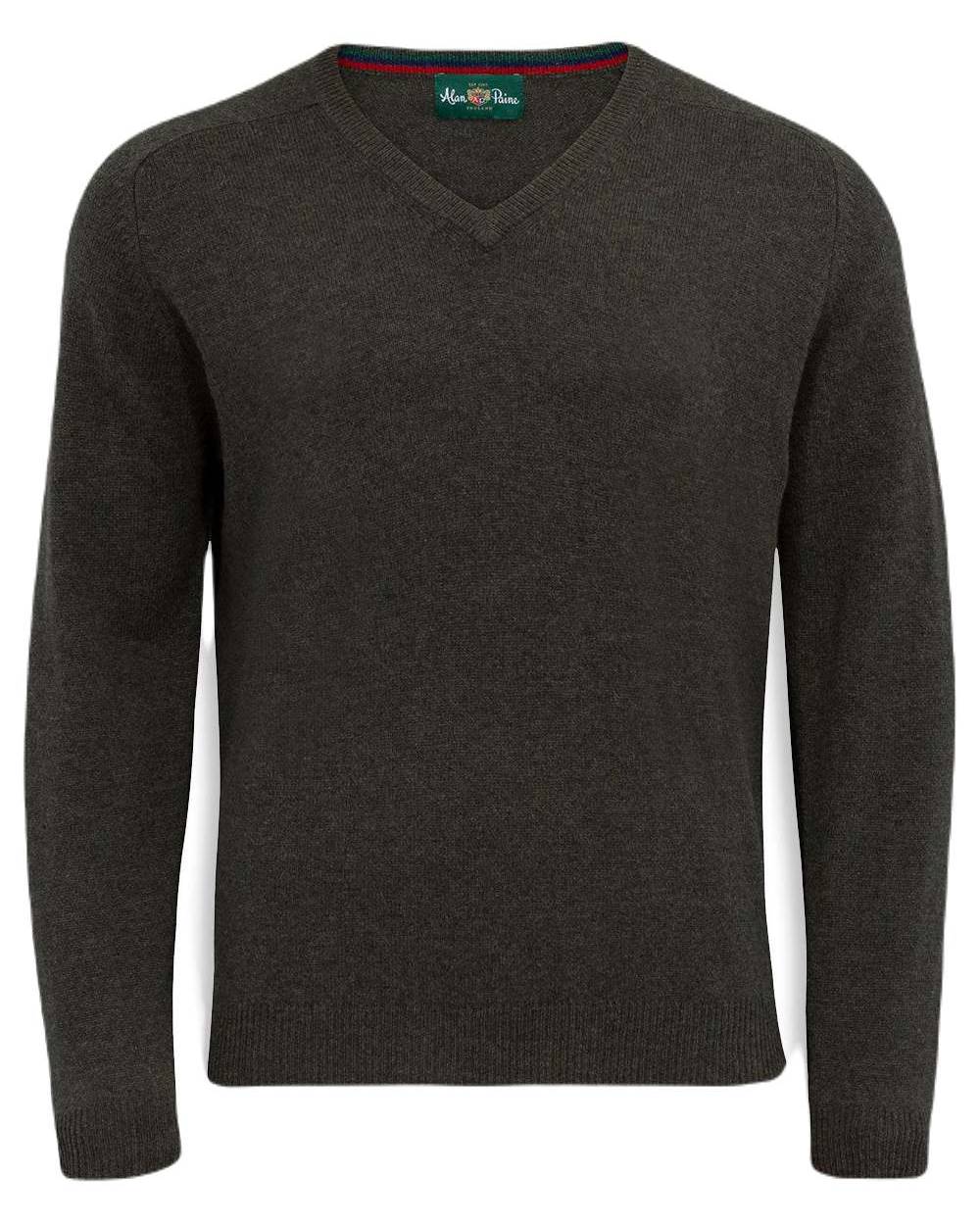 Seaweed coloured Alan Paine Streetly Lambswool V Neck Jumper on white background 