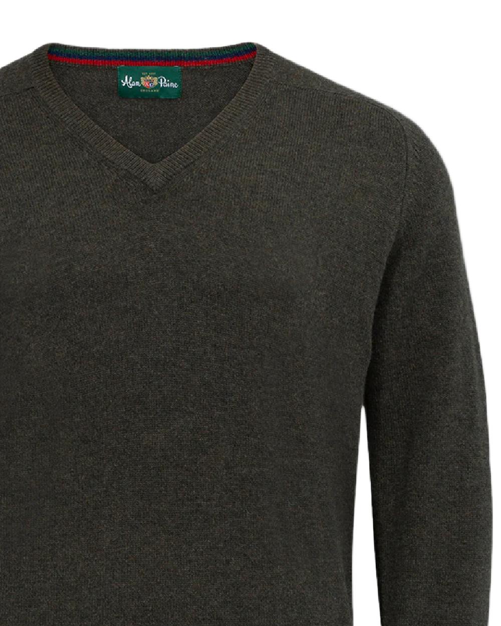 Seaweed coloured Alan Paine Streetly Lambswool V Neck Jumper on white background 