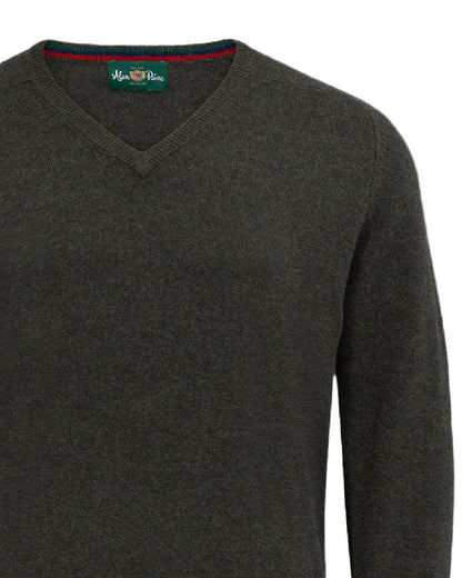 Seaweed coloured Alan Paine Streetly Lambswool V Neck Jumper on white background 