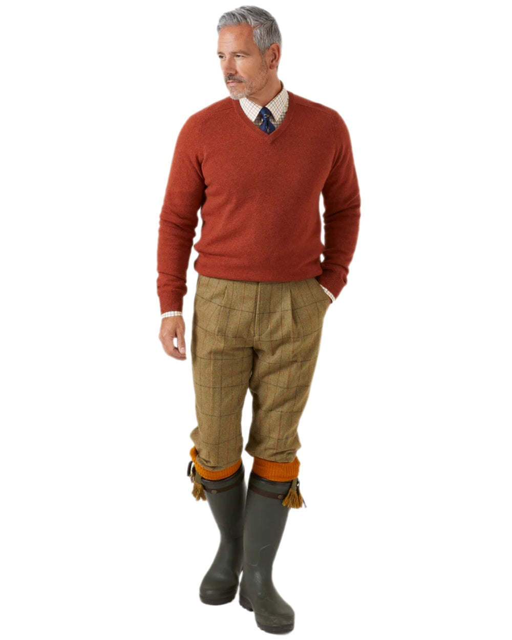 Tiger coloured Alan Paine Streetly Lambswool V Neck Jumper on white background 