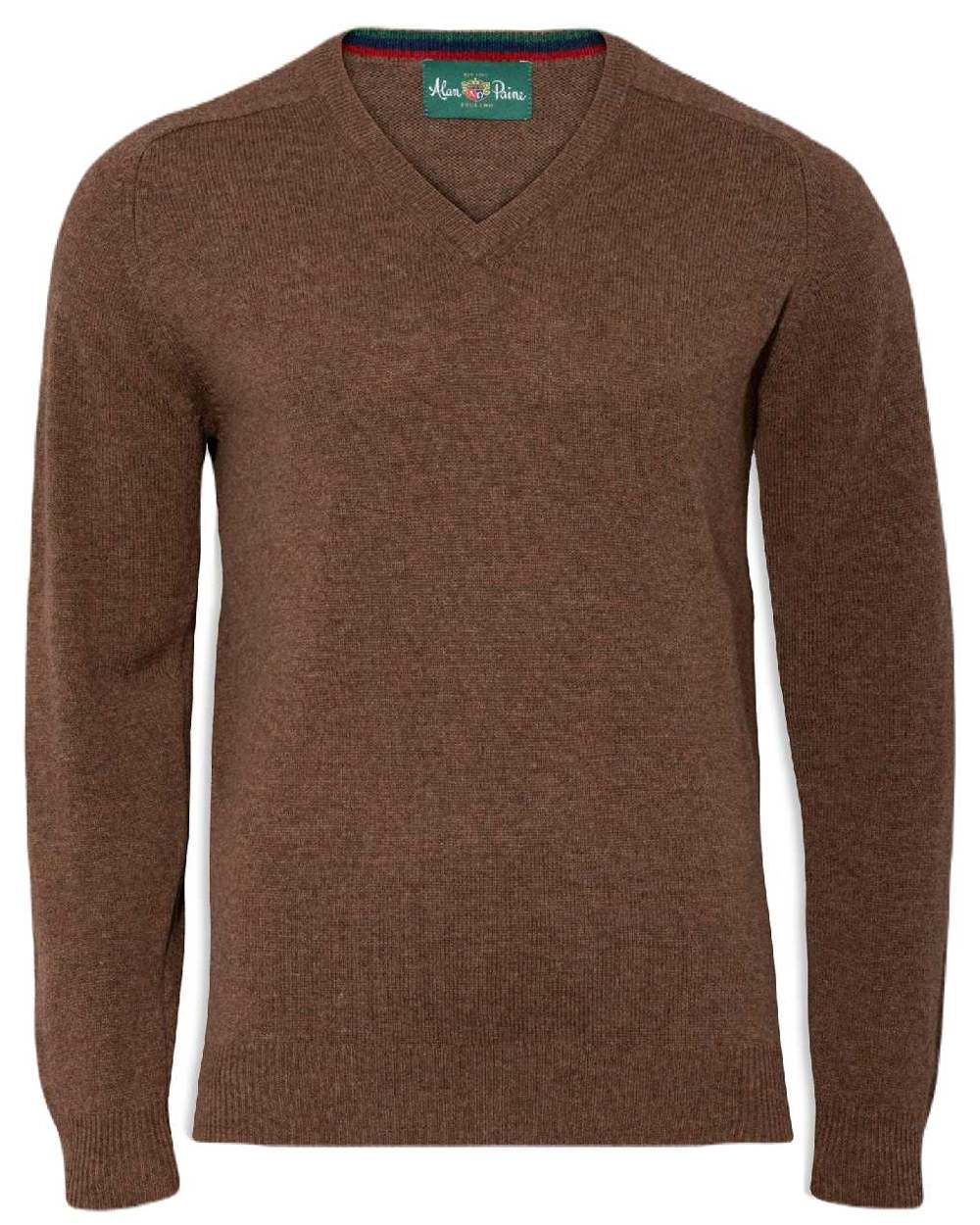 Tabocco coloured Alan Paine Streetly Lambswool V Neck Jumper on white background 