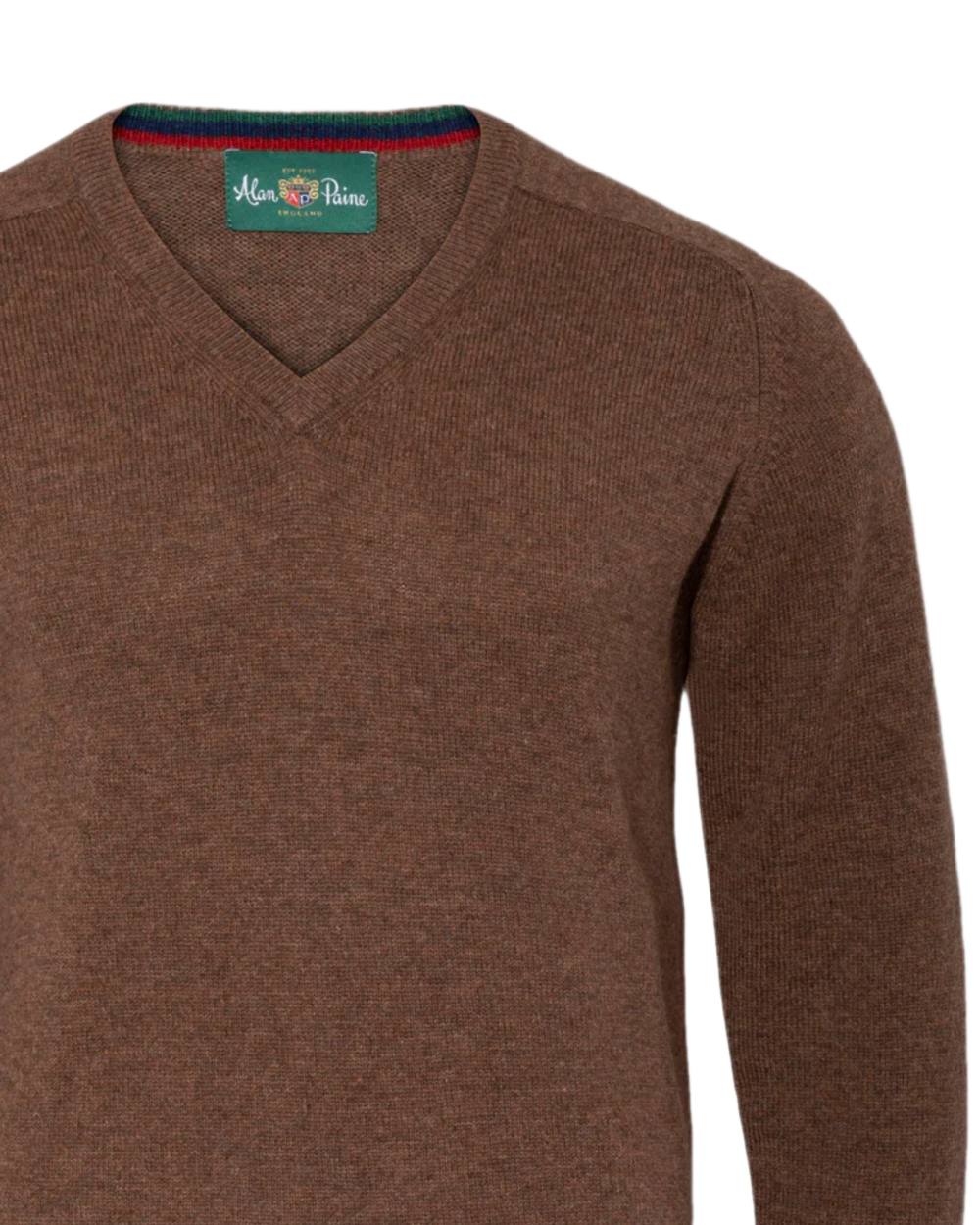 Tabocco coloured Alan Paine Streetly Lambswool V Neck Jumper on white background 