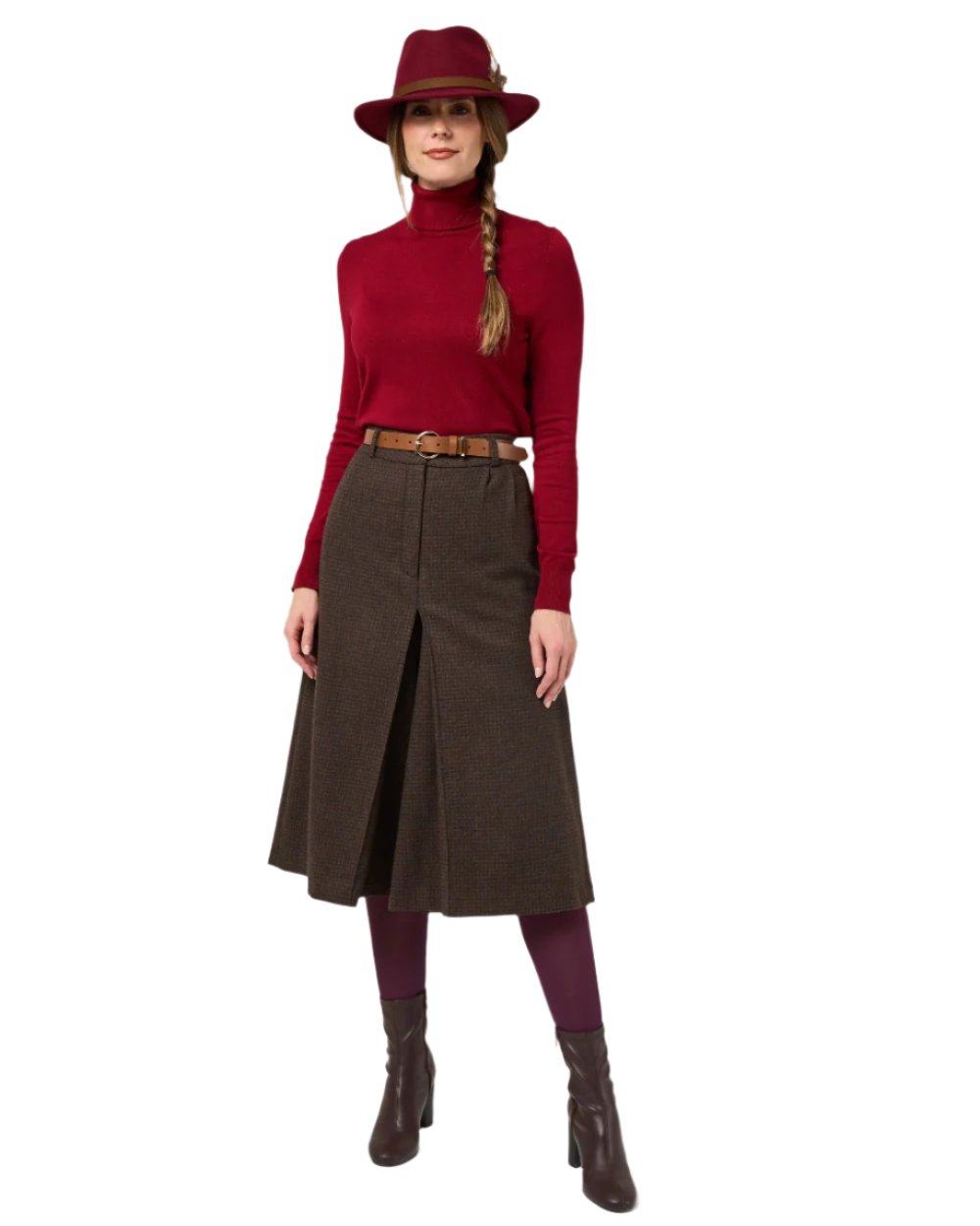 Bramble coloured Alan Paine Surrey Ladies Tweed Culottes on white background 