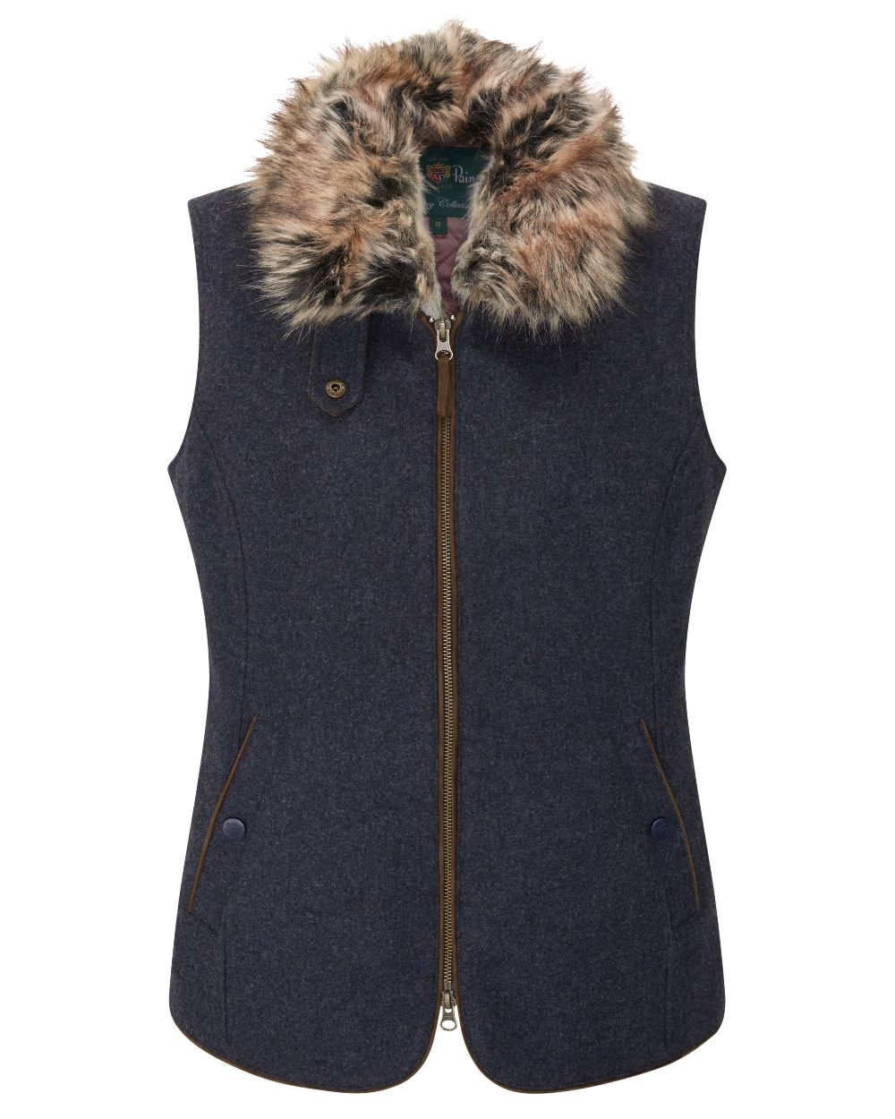 Blue coloured Alan Paine Surrey Ladies Tweed Gilet on white background 