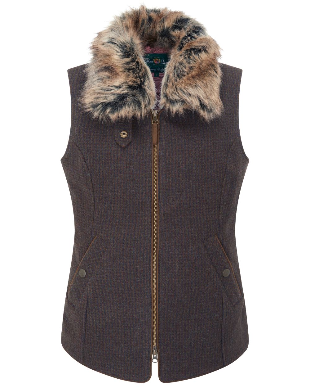 Bramble coloured Alan Paine Surrey Ladies Tweed Gilet on white background 