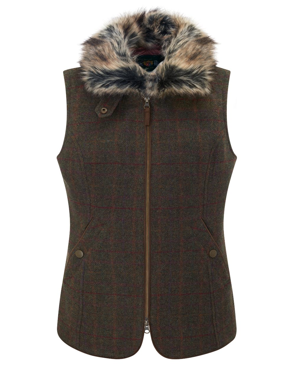 Hemlock coloured Alan Paine Surrey Ladies Tweed Gilet on white background 