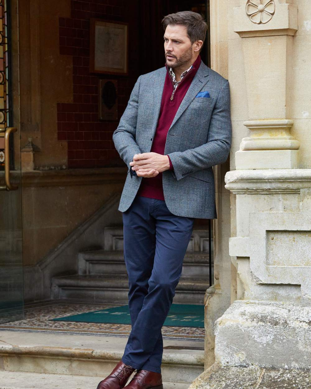 Blue Check coloured Alan Paine Surrey Mens Tweed Lined Blazer on outdoor background 