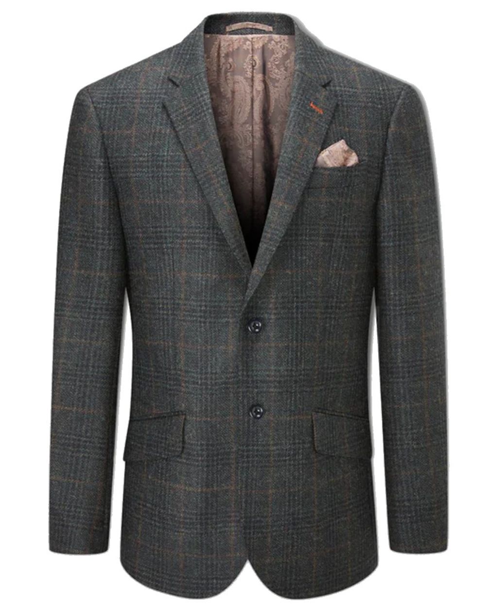 Green Check coloured Alan Paine Surrey Mens Tweed Lined Blazer on white background 