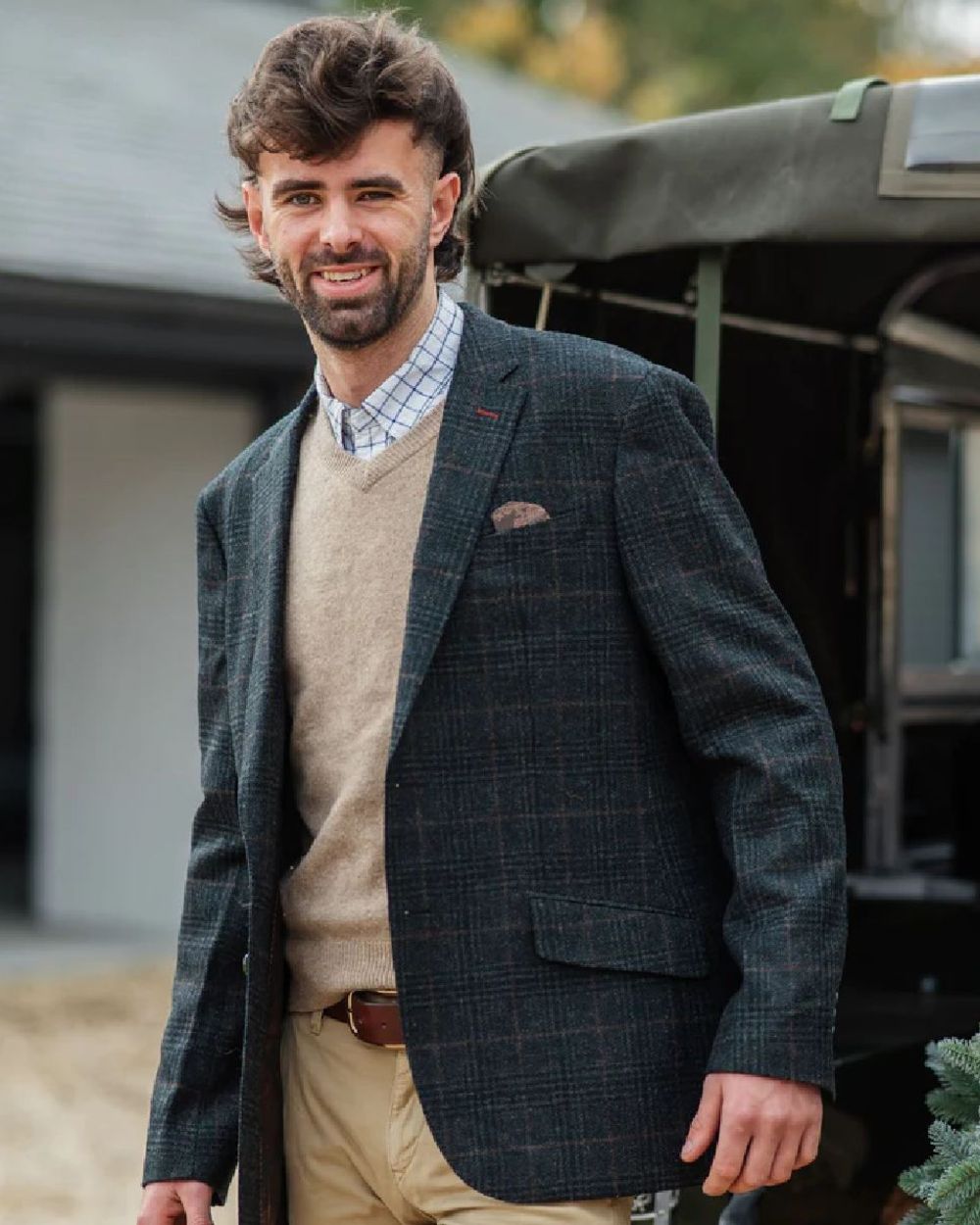 Green Check coloured Alan Paine Surrey Mens Tweed Lined Blazer on outdoor background 