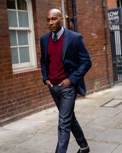 Navy Check coloured Alan Paine Surrey Mens Tweed Lined Blazer on brick wall background 