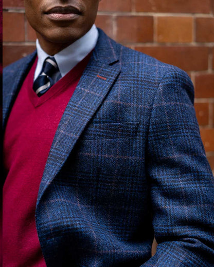 Navy Check coloured Alan Paine Surrey Mens Tweed Lined Blazer on brick wall background 