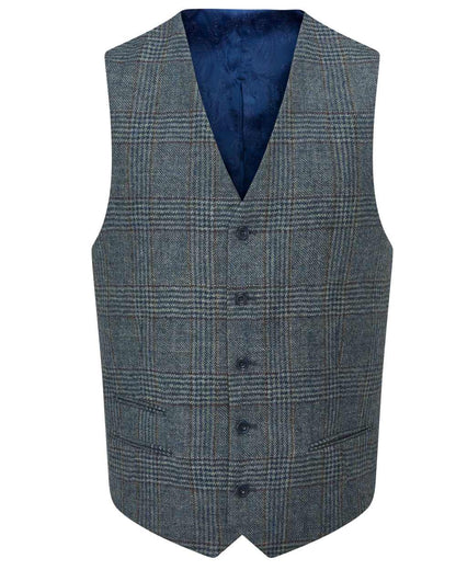 Blue Check Coloured Alan Paine Surrey Mens Tweed Lined Waistcoat on white background 