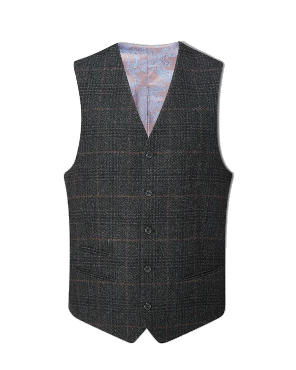 Green Check Coloured Alan Paine Surrey Mens Tweed Lined Waistcoat on white background 