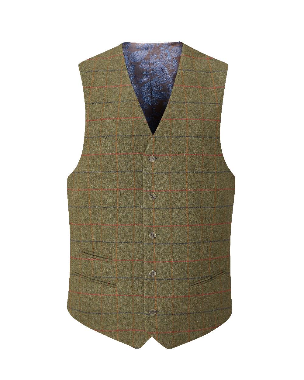 Meadow Coloured Alan Paine Surrey Mens Tweed Lined Waistcoat on white background 