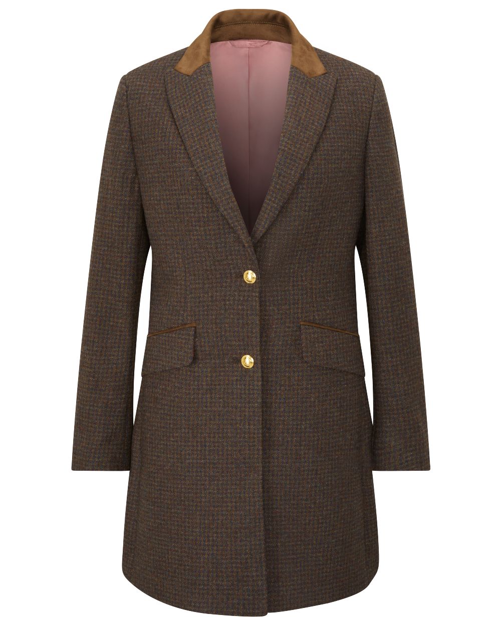 Bramble coloured Alan Paine Surrey Mid-Thigh Tweed Coat on white background 