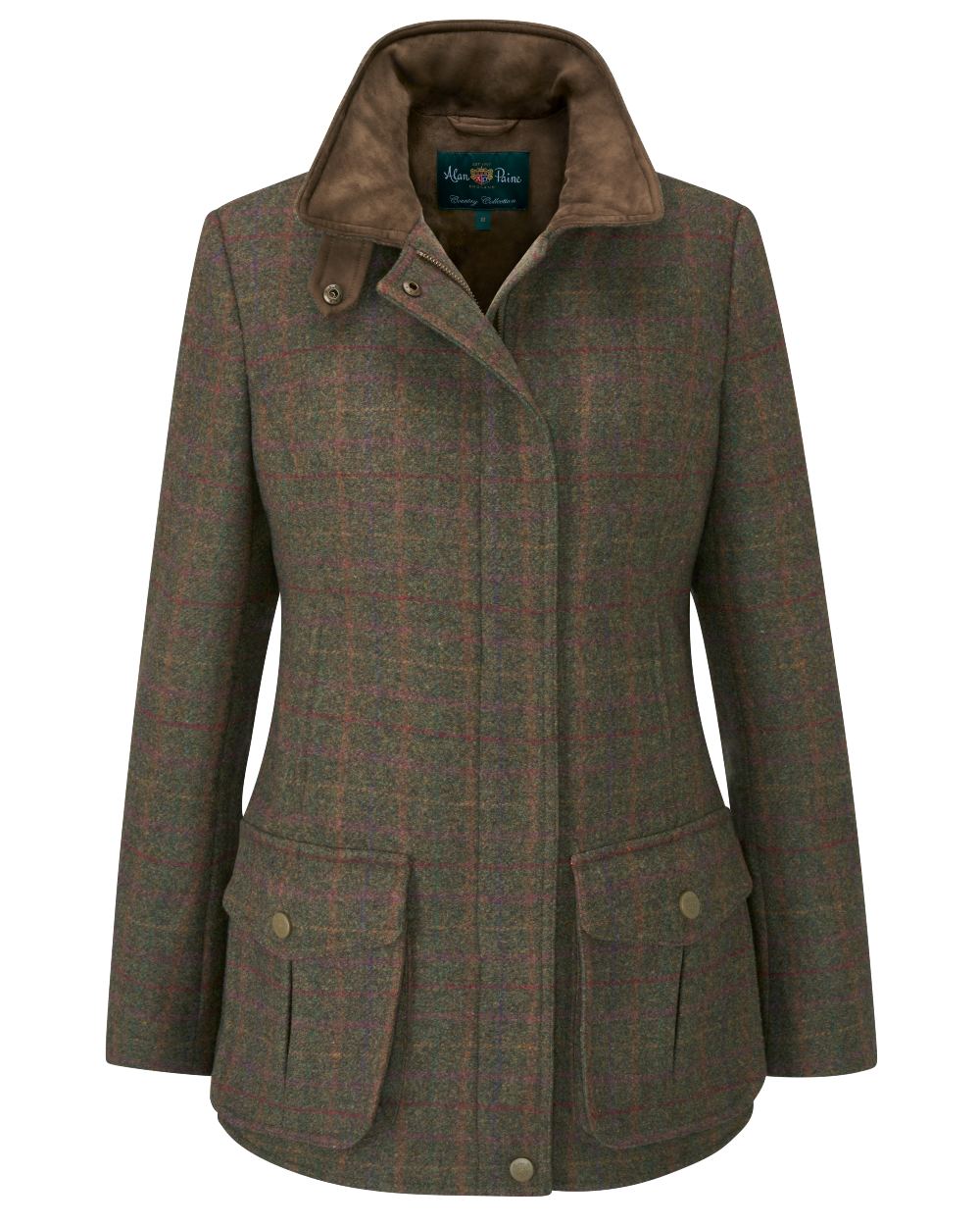 Hemlock coloured Alan Paine Surrey Tweed Coat on white background 