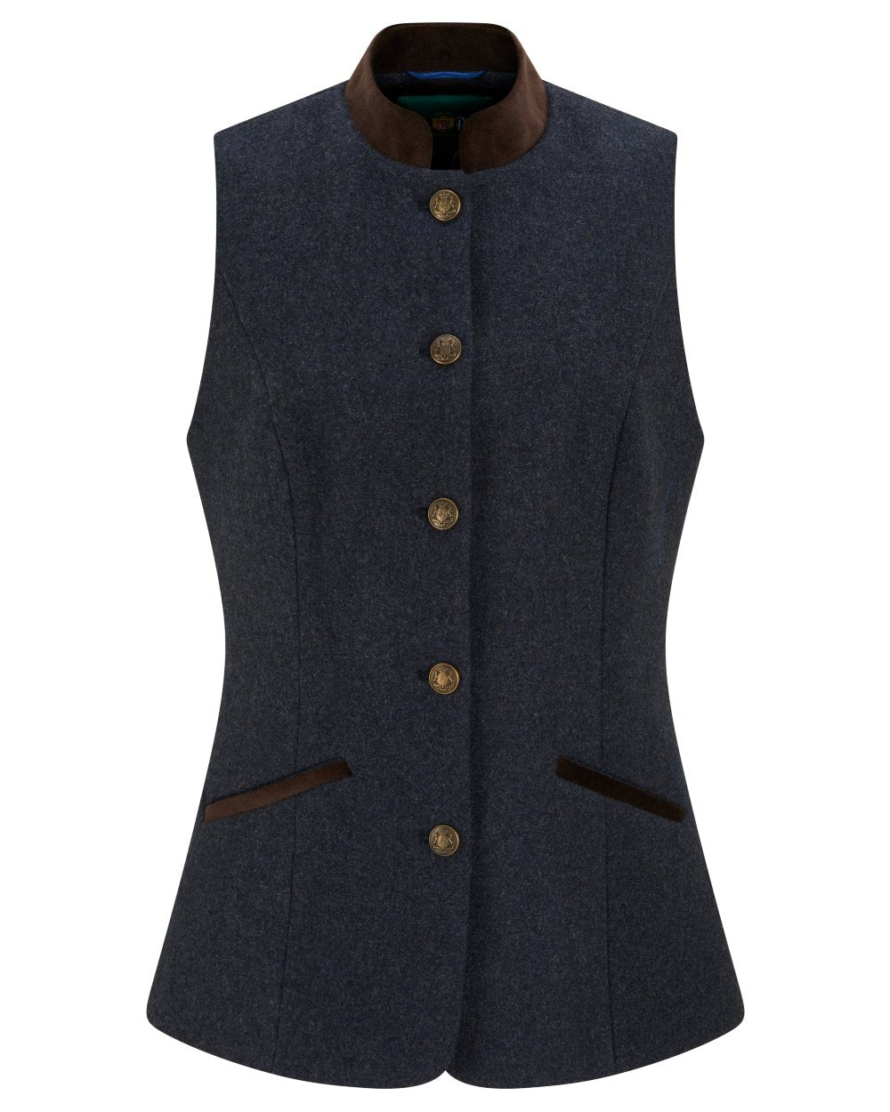 Blue coloured Alan Paine Womens Surrey Ladies Tweed Waistcoat on white background 
