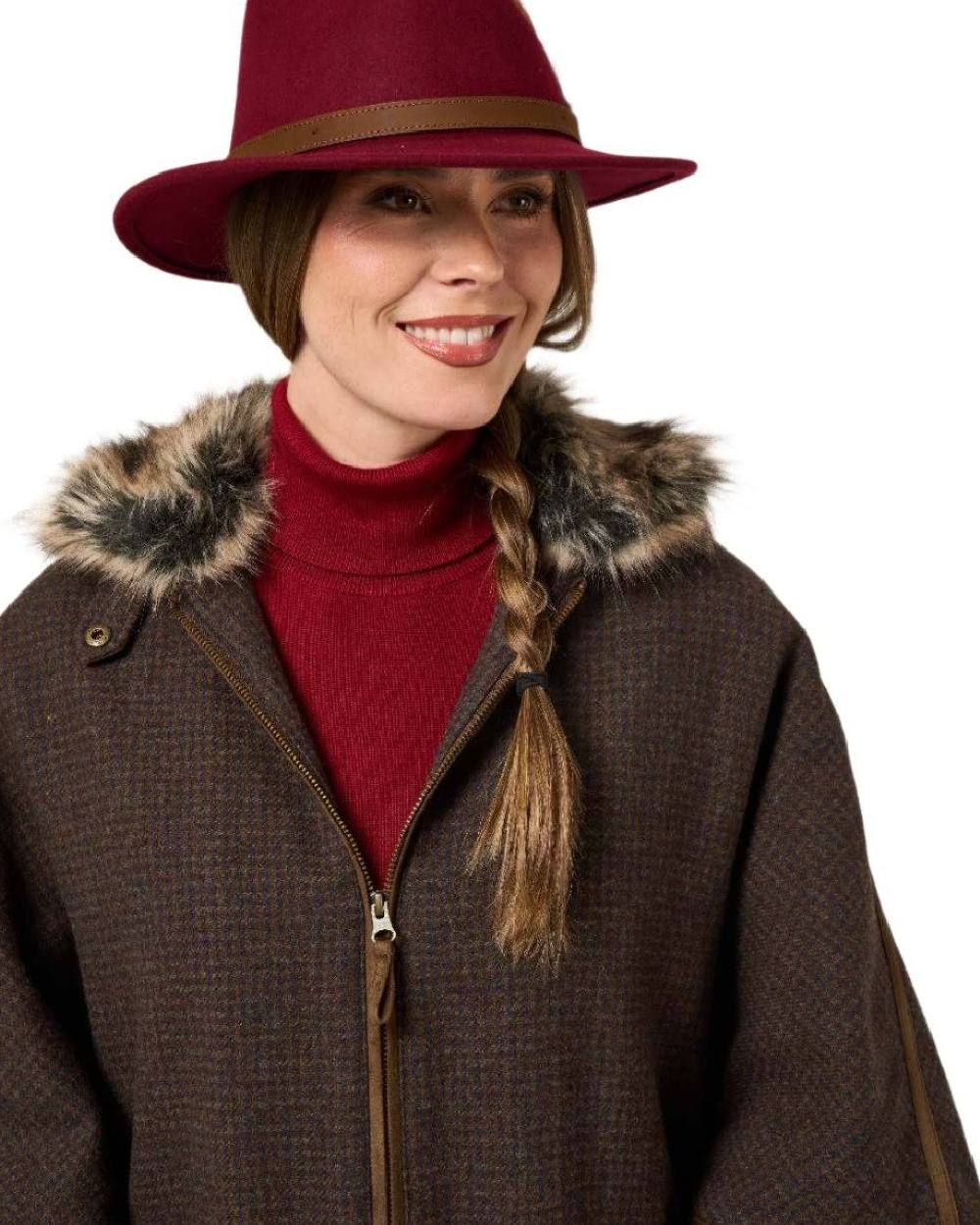 Bramble coloured Alan Paine Womens Surrey Tweed Cape on white background 
