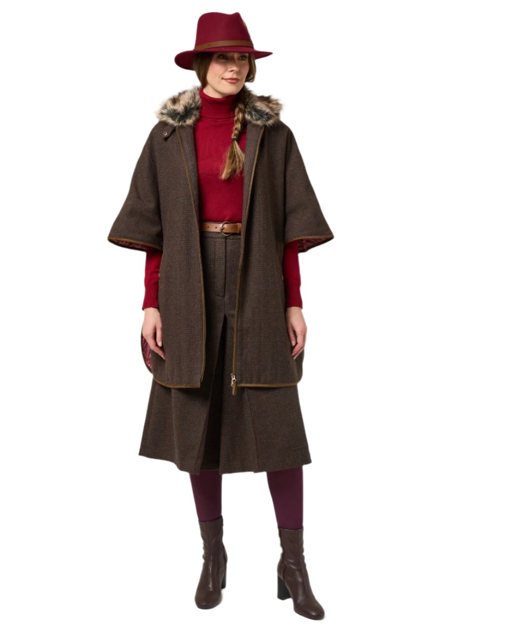Bramble coloured Alan Paine Womens Surrey Tweed Cape on white background 