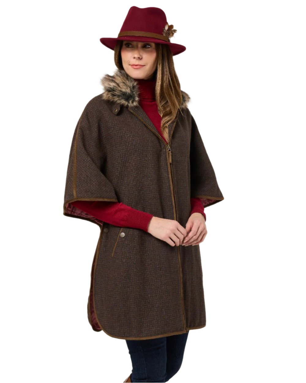 Bramble coloured Alan Paine Womens Surrey Tweed Cape on white background 