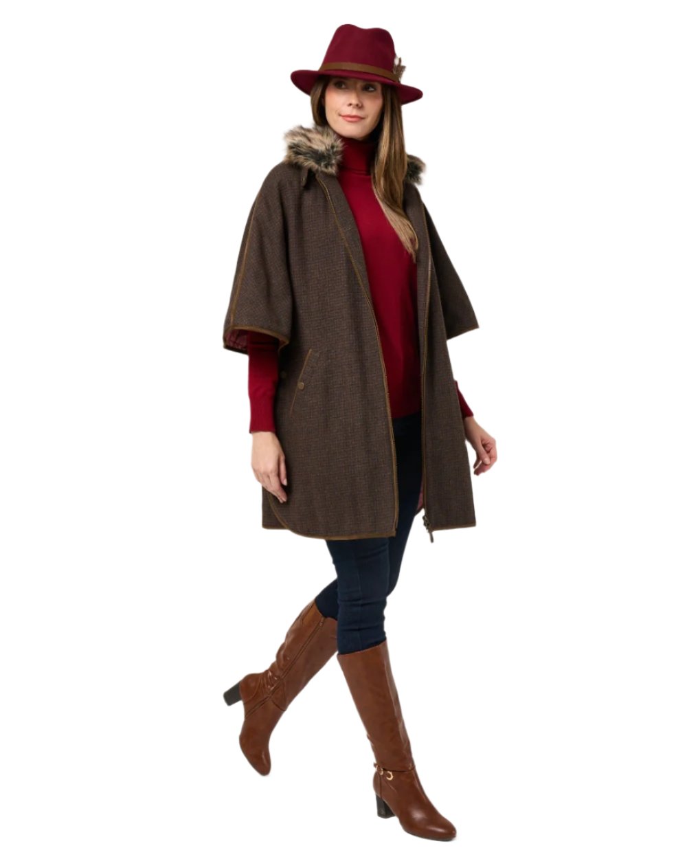 Bramble coloured Alan Paine Womens Surrey Tweed Cape on white background 