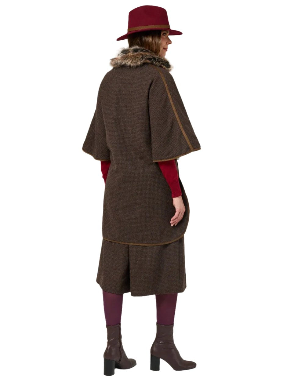 Bramble coloured Alan Paine Womens Surrey Tweed Cape on white background 