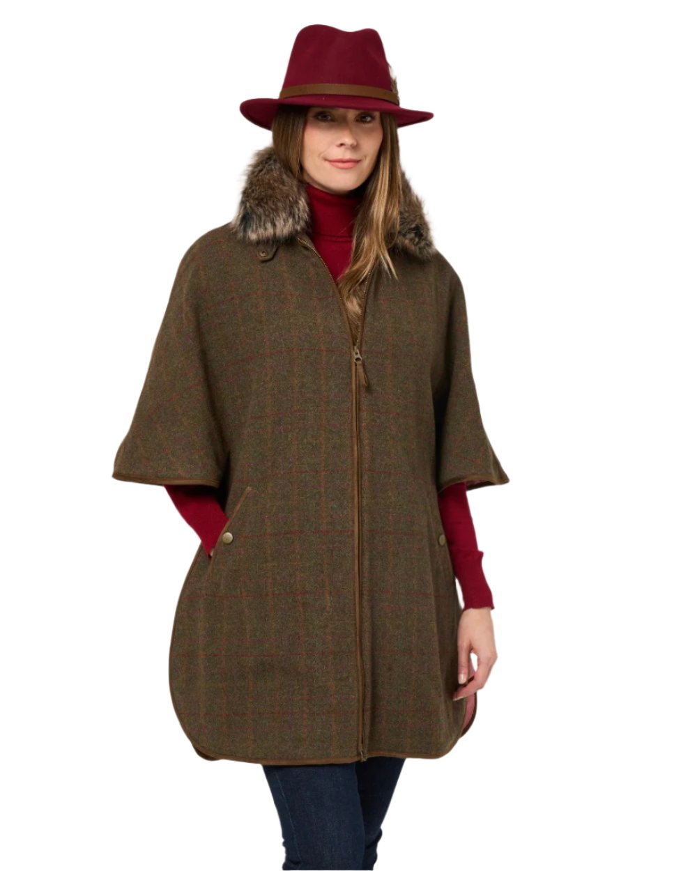 Hemlock coloured Alan Paine Womens Surrey Tweed Cape on white background 