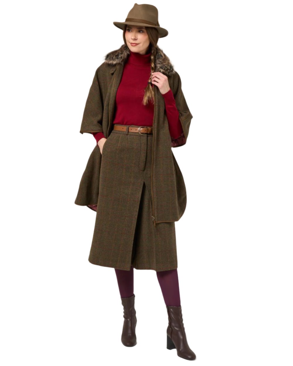 Hemlock coloured Alan Paine Womens Surrey Tweed Cape on white background 