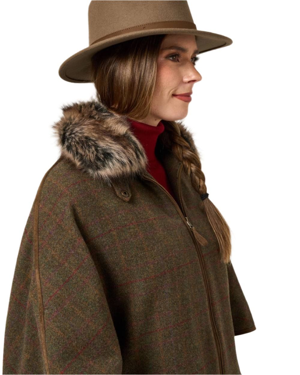 Hemlock coloured Alan Paine Womens Surrey Tweed Cape on white background 