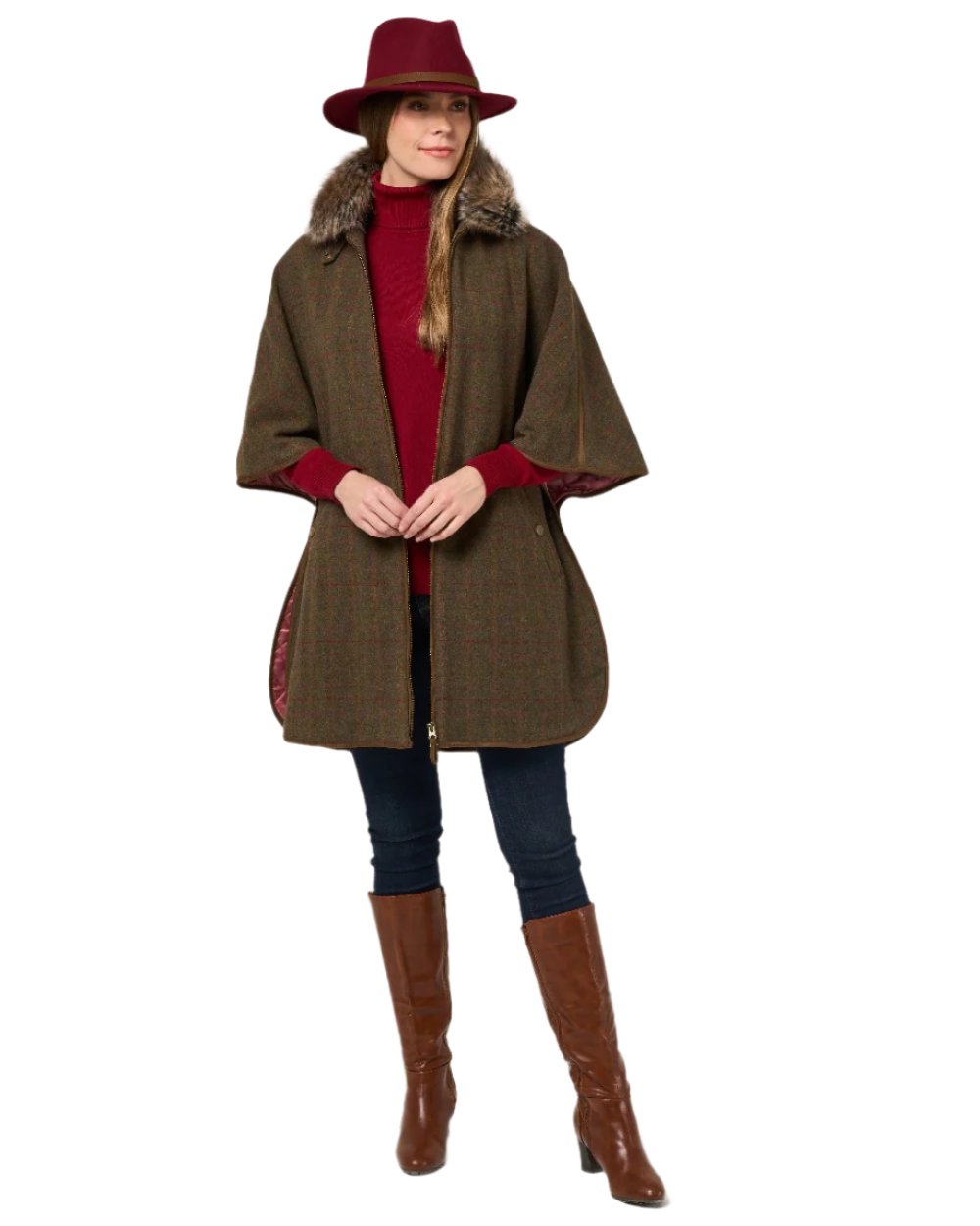 Hemlock coloured Alan Paine Womens Surrey Tweed Cape on white background 