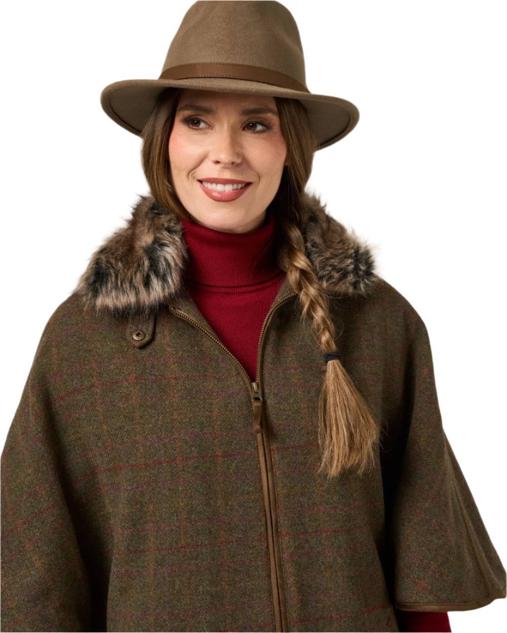 Hemlock coloured Alan Paine Womens Surrey Tweed Cape on white background 