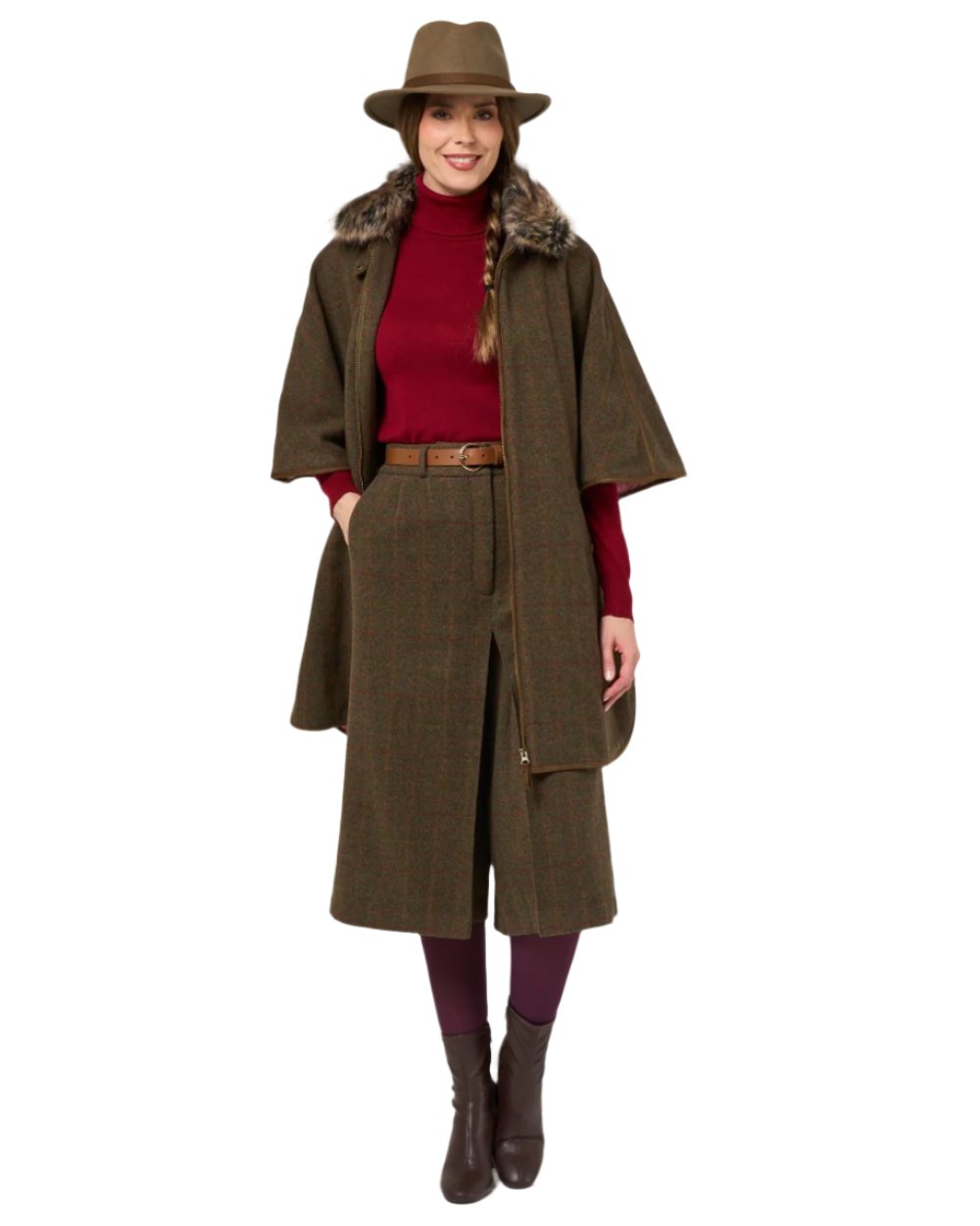 Hemlock coloured Alan Paine Womens Surrey Tweed Cape on white background 