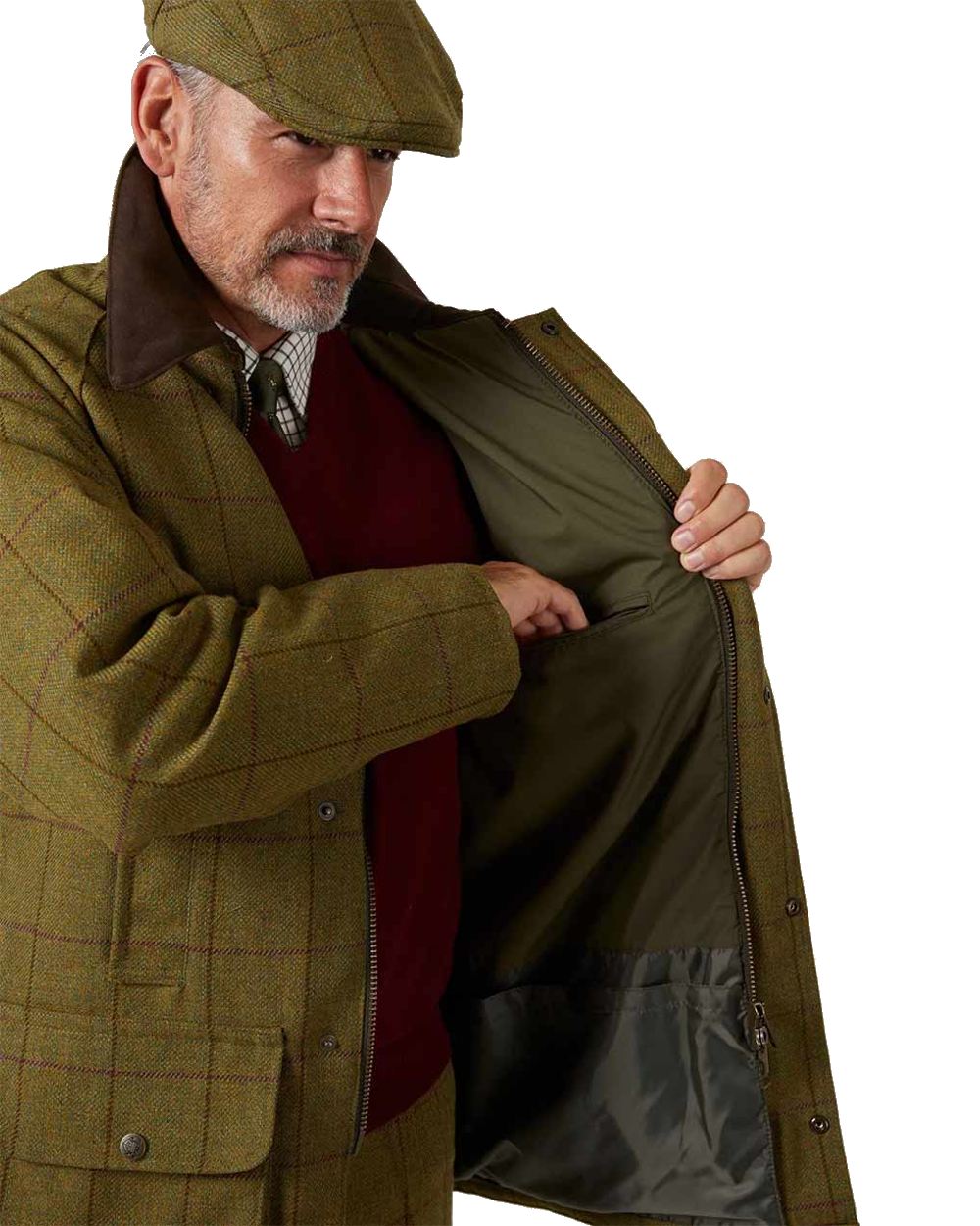 Lichen coloured Alan Paine Rutland Waterproof Tweed Shooting Coat on white background 