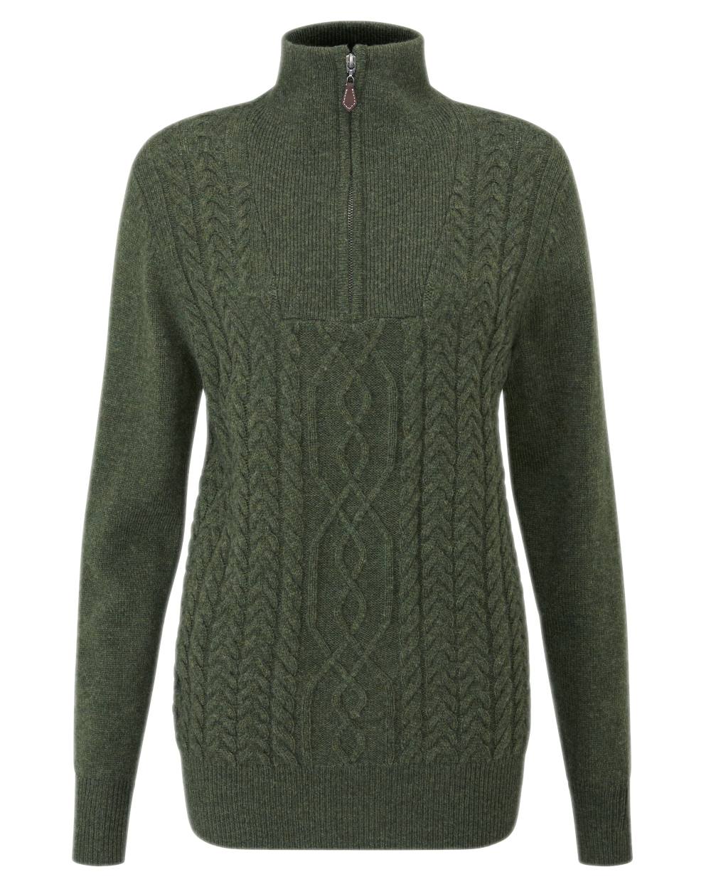 Thyme Coloured Alan Paine Womens Cora Cable Front ¼ Zip Mock Neck Sweater on white background 