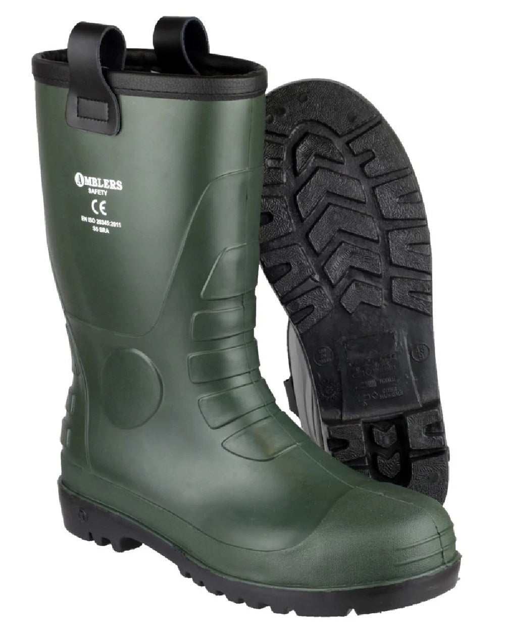 Green Coloured Amblers Safety FS97 S5 PVC Rigger Safety Boots on white background 