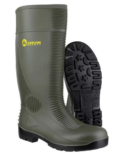 Green coloured Amblers Safety FS99 S5 SRA Safety Wellingtons on white background 