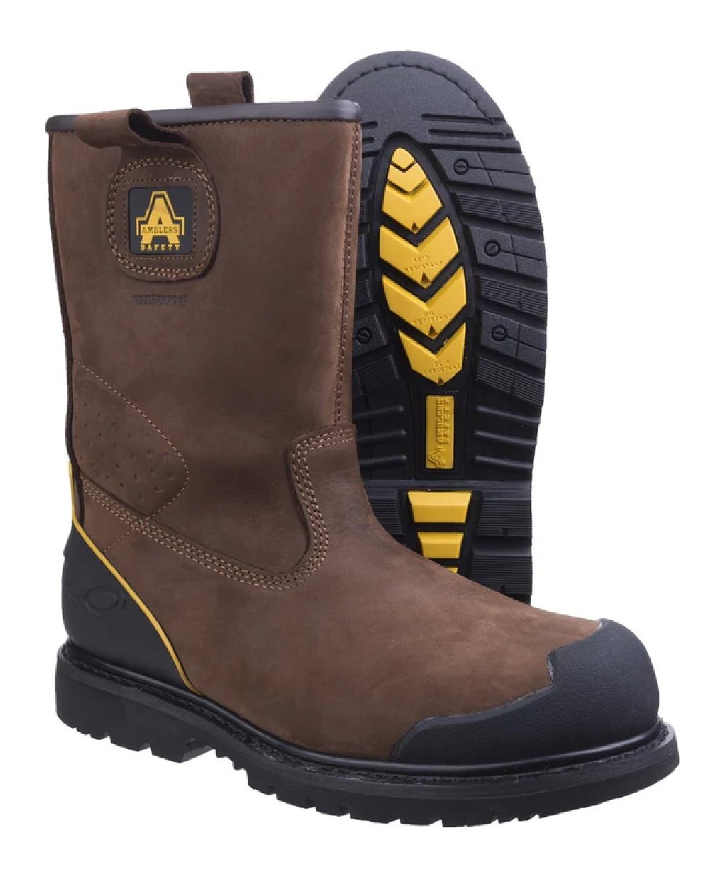 Brown coloured Amblers Safety Mens FS223 Goodyear Welted Waterproof Rigger Boots on white background 
