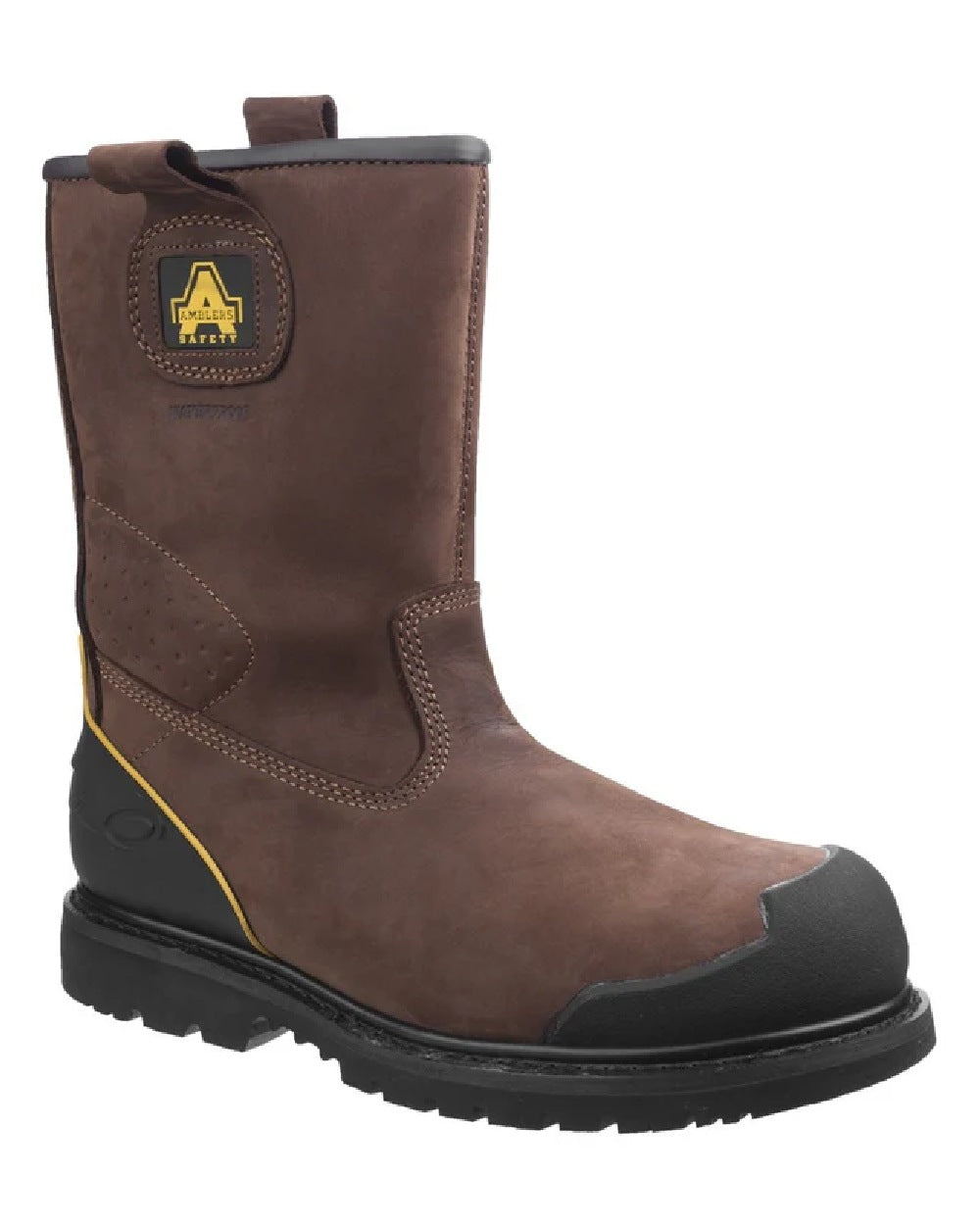 Brown coloured Amblers Safety Mens FS223 Goodyear Welted Waterproof Rigger Boots on white background 